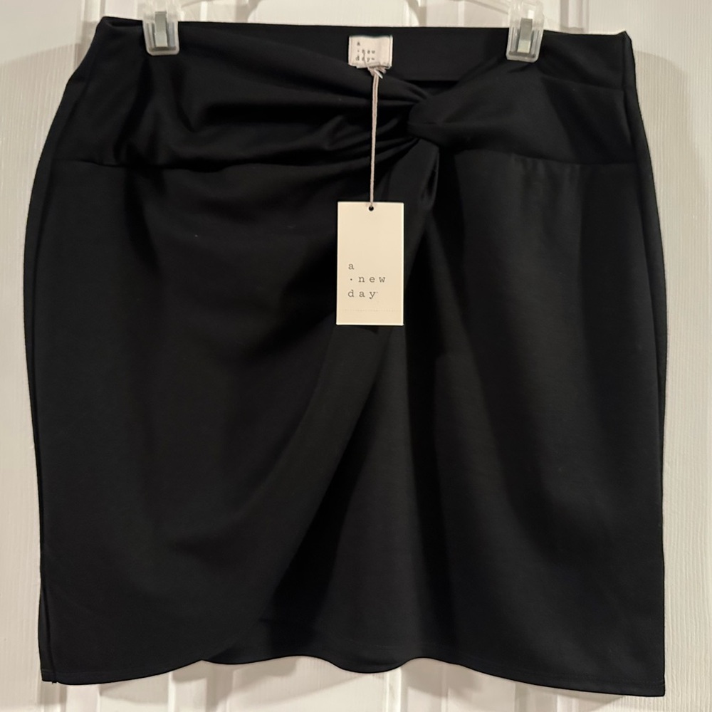 A New Day Black Pencil Mini Skirt with Tie Front, Size M, NWT